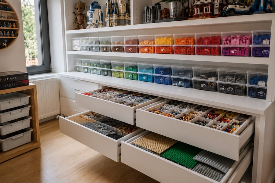 Armoire à jeux d'enfants organisée